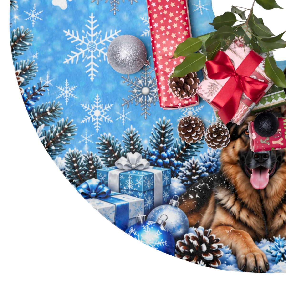 German Shepherd Christmas Tree Skirt – Icy Blue Winter Holiday Decor