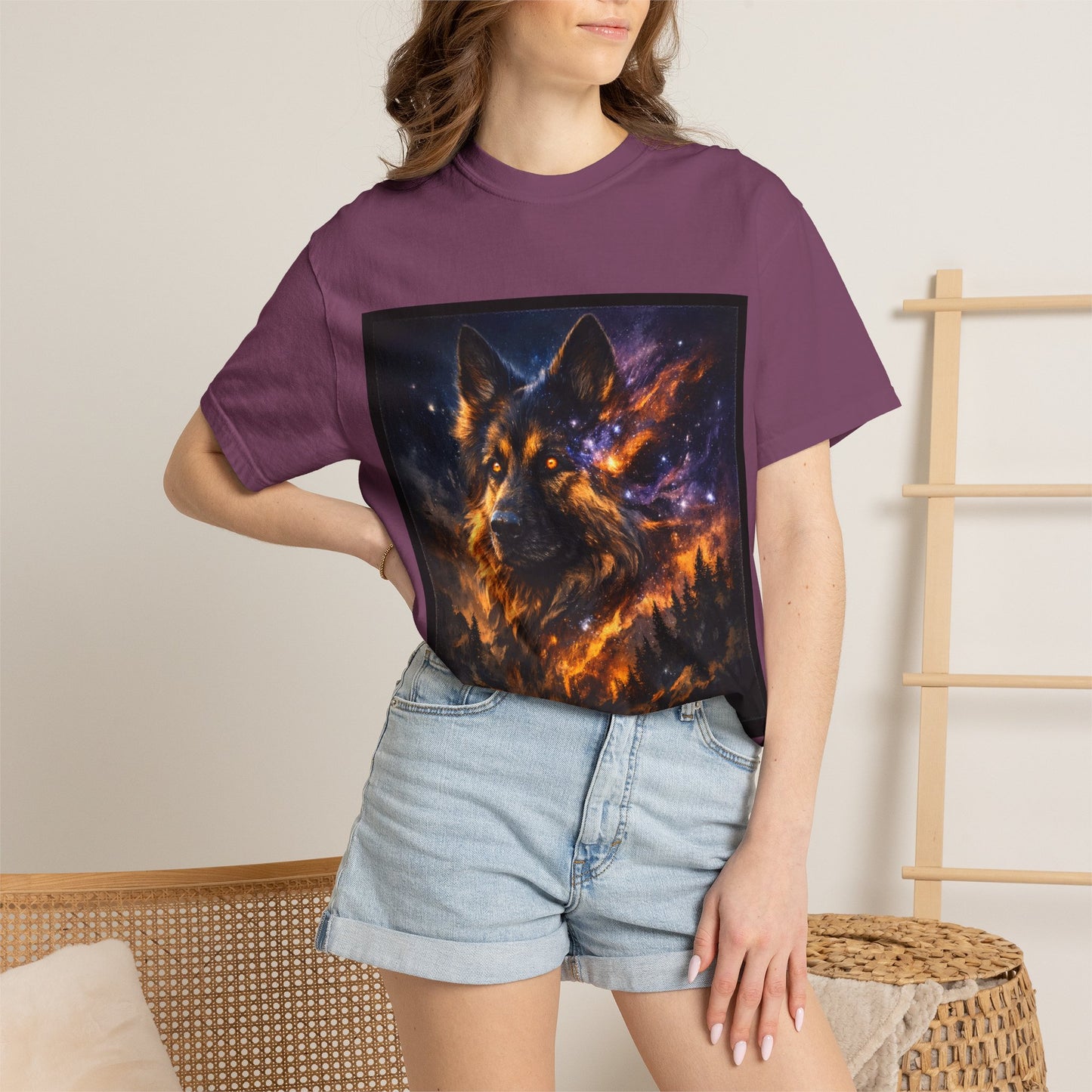 Cosmic German Shepherd Blaze T-Shirt | Galaxy fire Animal Artwork