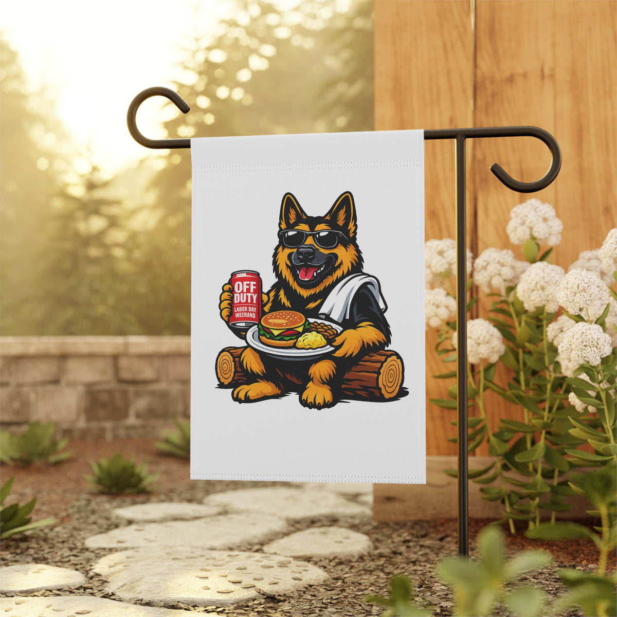 Off Duty BBQ Backyard Funny German Shepherd Garden Flag | Patriotic BBQ Yard Decor | Summer Outdoor Flag