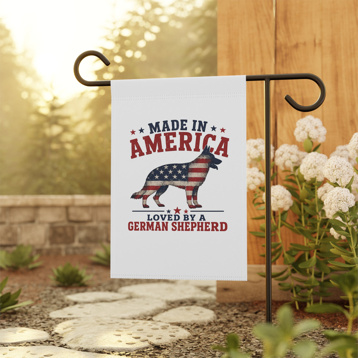 Made in America Loved by a German Shepherd Garden Flag | Patriotic Dog Yard Decor | Outdoor Garden Flag