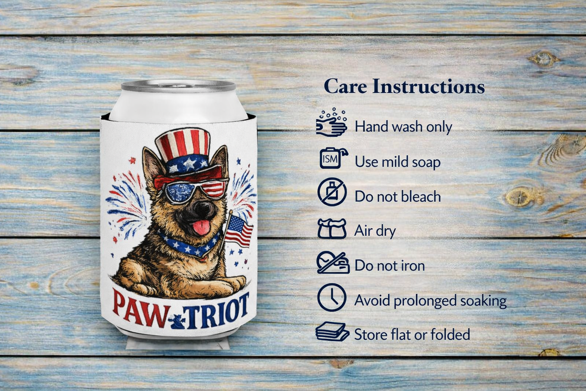 Paw-triot German Shepherd Can Cooler | Patriotic Dog Can Koozie | 4th of July Drink Sleeve | USA BBQ Gift | Summer Party Beverage Holder