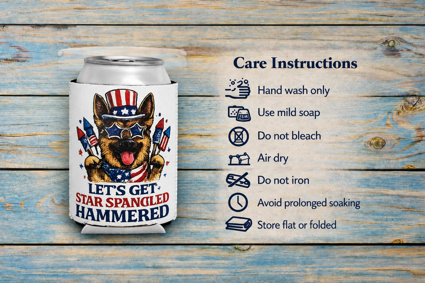 Patriotic German Shepherd “Let’s Get Star Spangled Hammered” Can Cooler Sleeve – 4th of July Dog Lover Koozie | American Flag Party Drink Holder