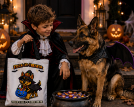 Personalized German Shepherd Halloween Trick or Treat Tote Bag, Blue Pumpkin Custom Kids Candy Bag