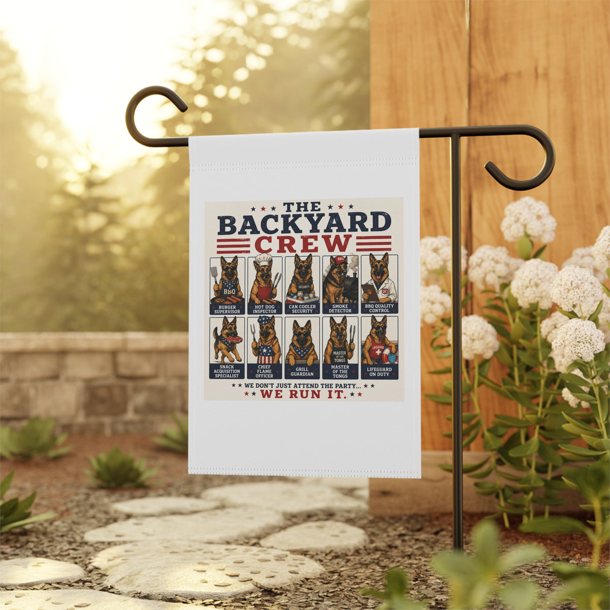 The Backyard Crew German Shepherd Garden Flag | Funny BBQ Yard Decor | Patriotic Outdoor Flag