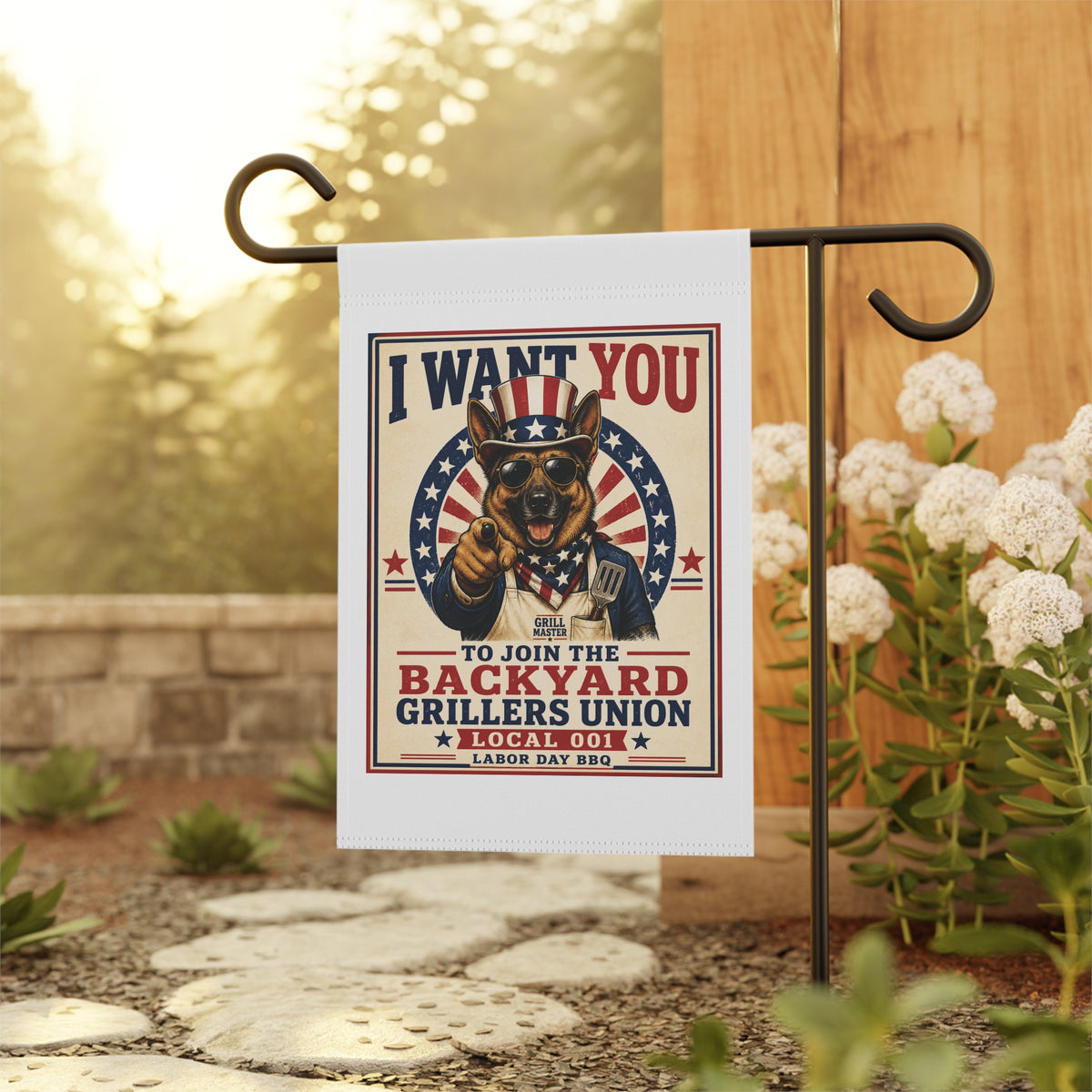 I Want You to Join the Backyard Grillers Union German Shepherd Garden Flag | Funny BBQ Yard Decor | Patriotic Outdoor Flag