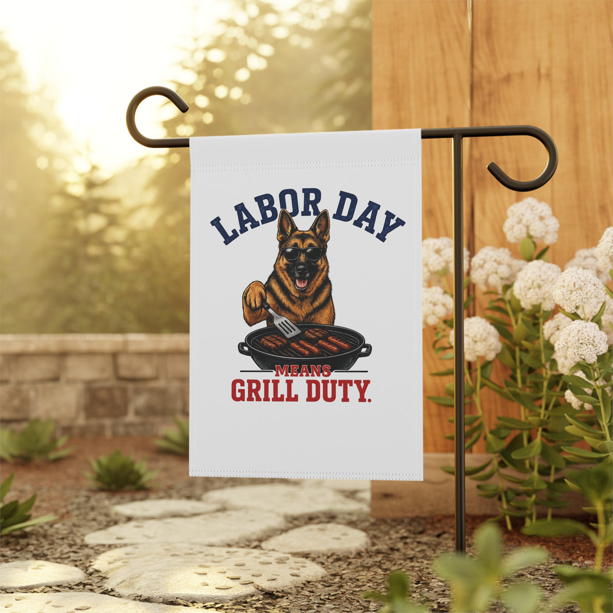 Labor Day German Shepherd Garden Flag – "Labor Day Means Grill Duty"