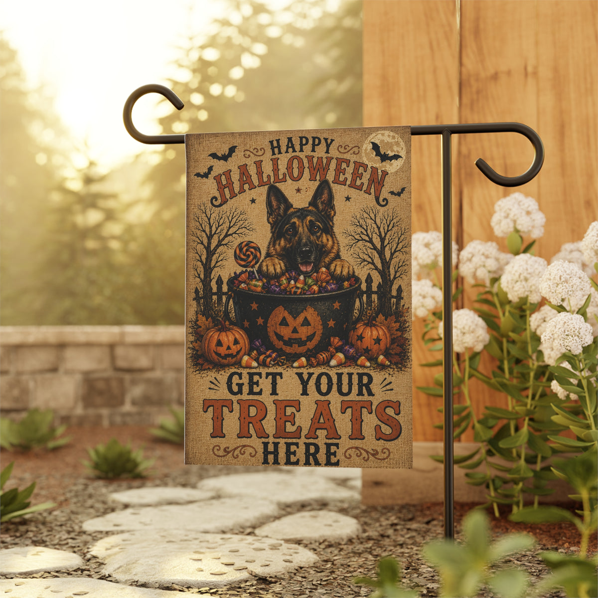 Get Your Treats Here German Shepherd Halloween Garden Flag