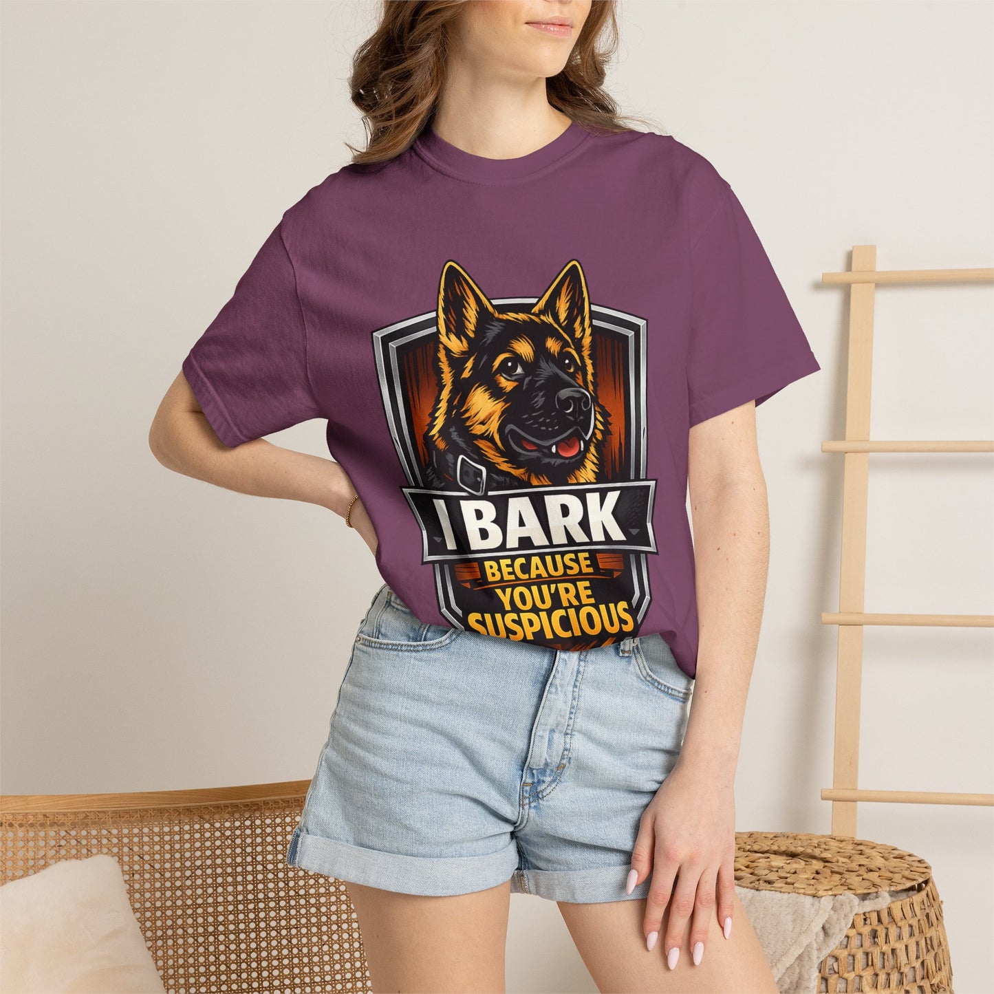 Dog Lover T‑Shirt — “I Bark Because You’re Suspicious” German Shepherd Tee