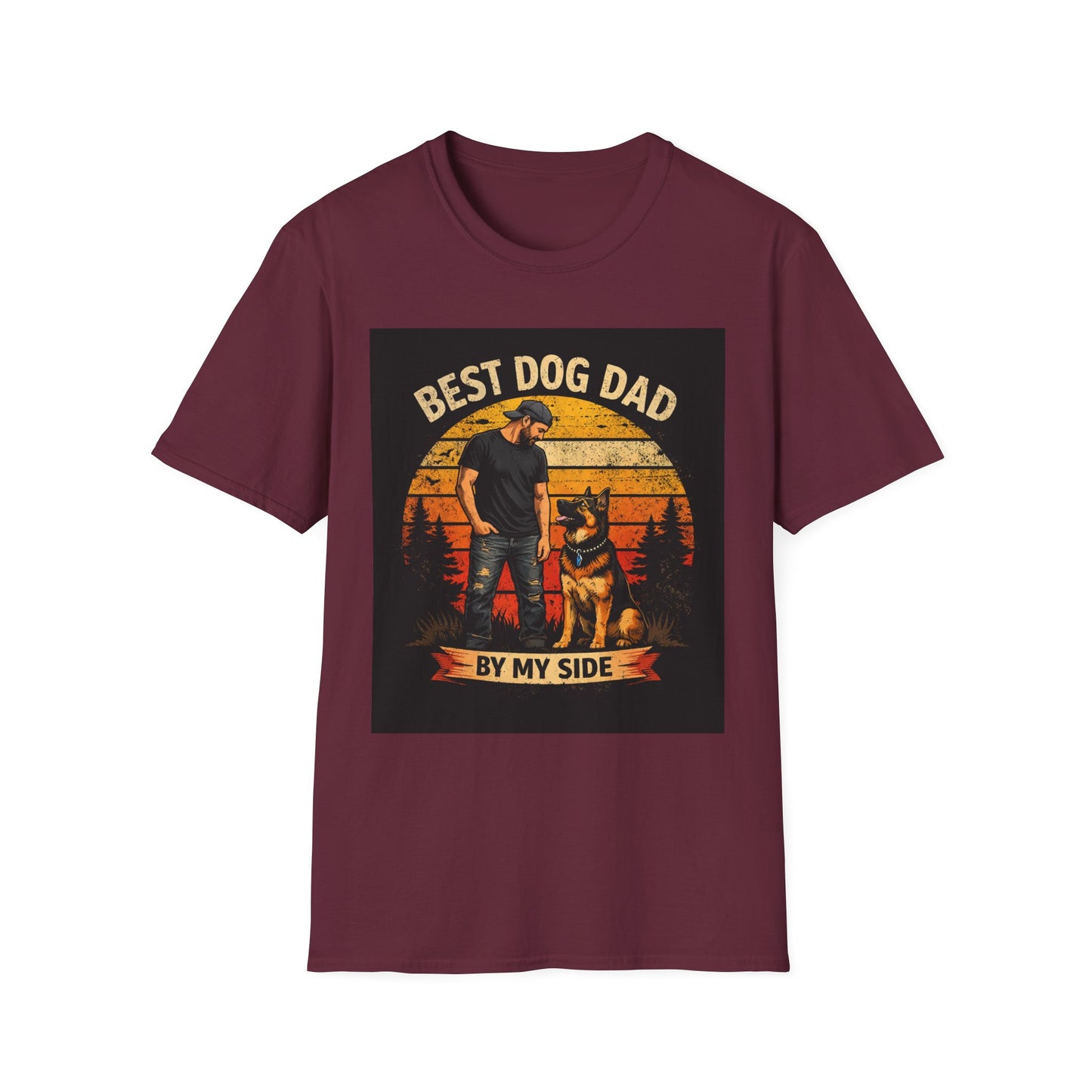 Best Dog Dad T-Shirt | Retro Sunset Dog Dad By My Side Design