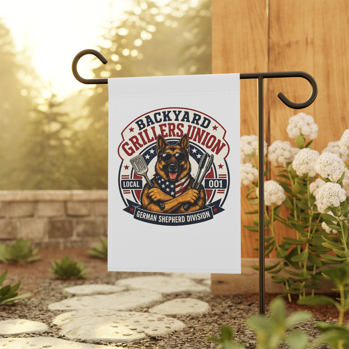 Backyard Grillers Union German Shepherd Garden Flag | Funny BBQ Yard Decor | Patriotic Outdoor Flag