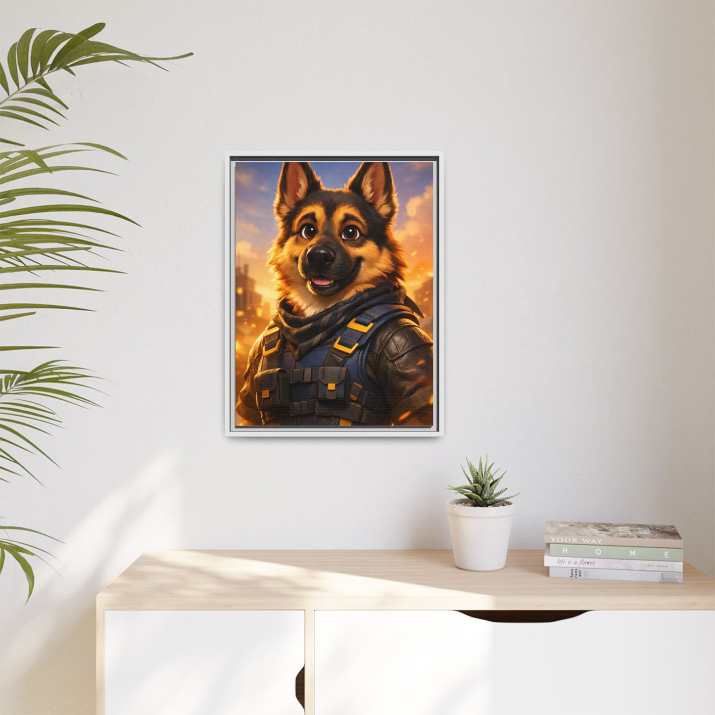 German Shepherd Hero Art – Tactical Dog Character Wall Canvas | Cinematic GSD Decor | Framed Matte Canvas
