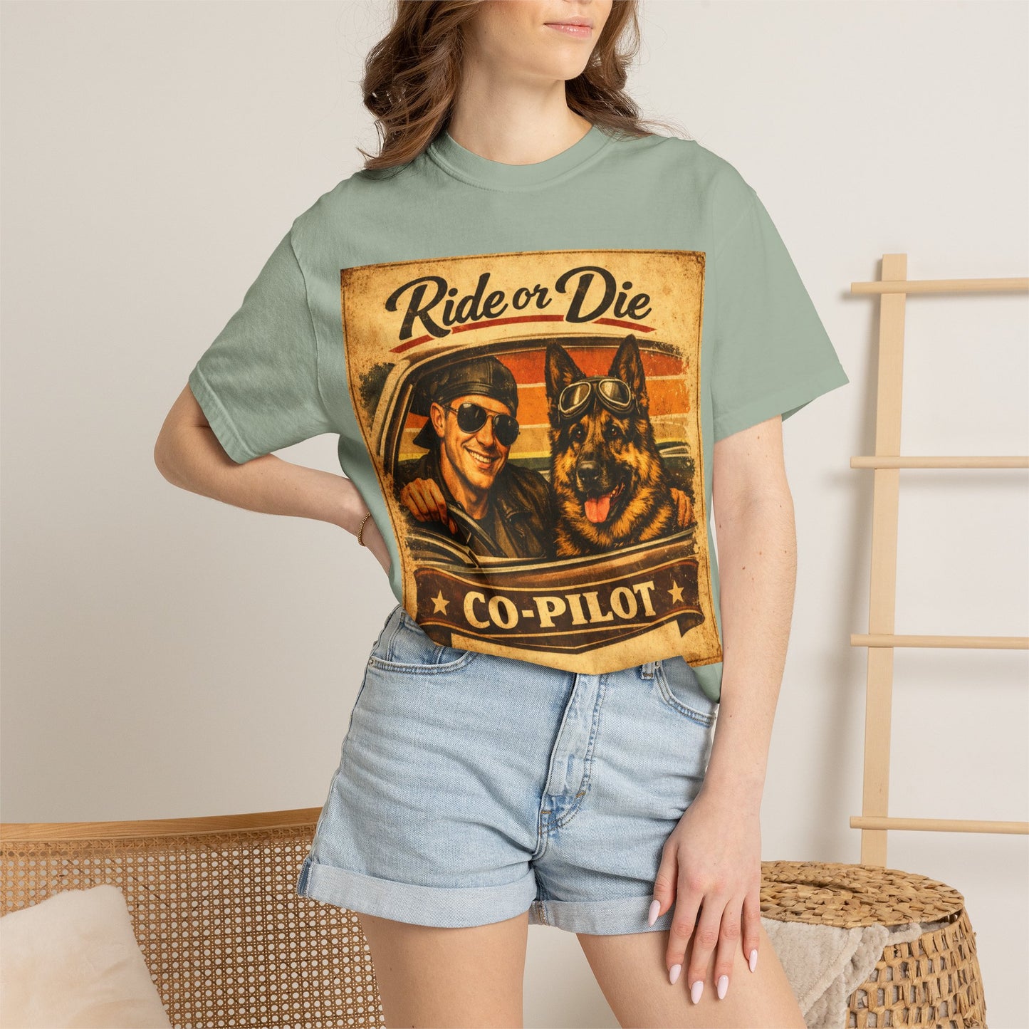 Ride or Die Co-Pilot T-shirt | Retro Driver and German Shepherd Design