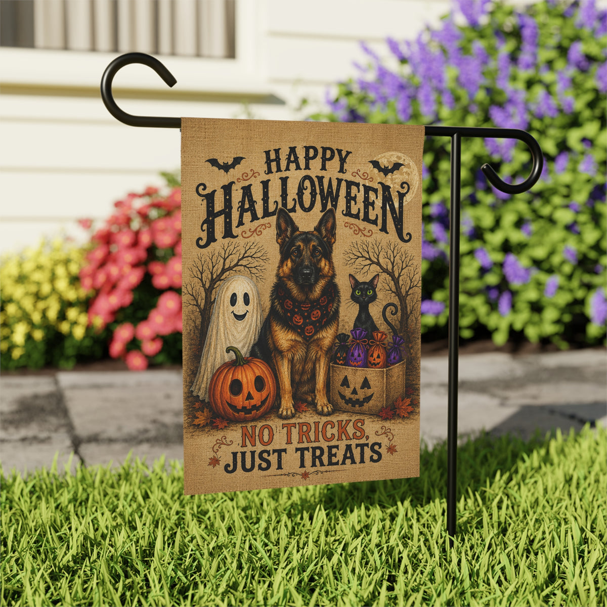 German Shepherd Halloween Garden Flag – No Tricks, Just Treats