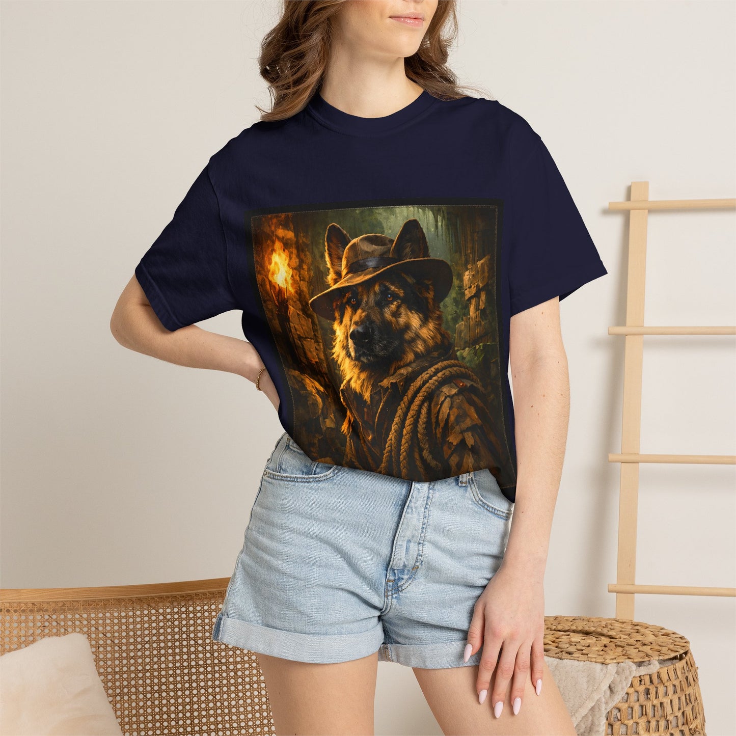 Indy Explorer German Shepherd T‑Shirt – Adventure Dog Lover Tee | Vintage Noir Canine Illustration | Bella Canvas 3001