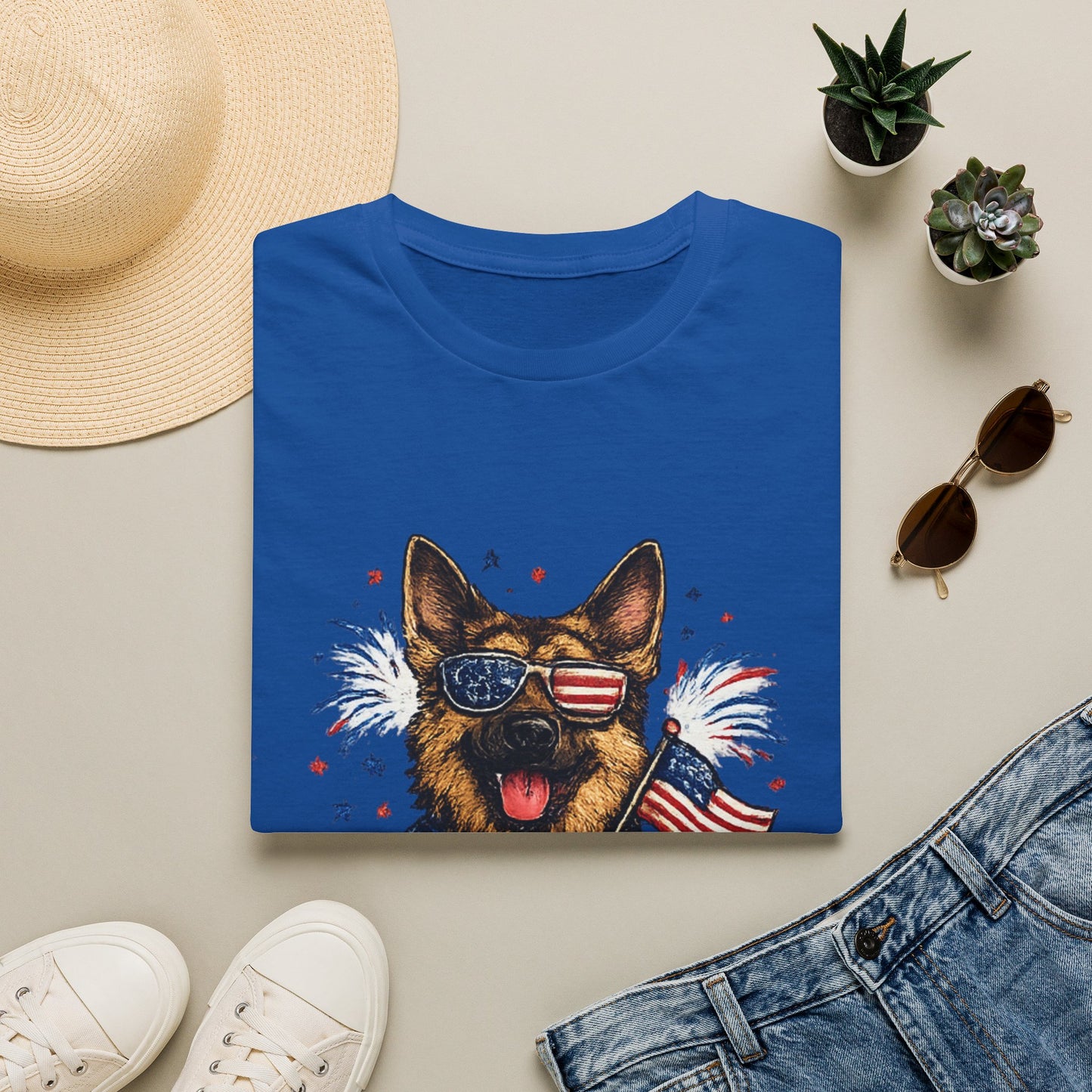 Patriotic German Shepherd Graphic T-Shirt | American Flag Sunglasses, Fireworks