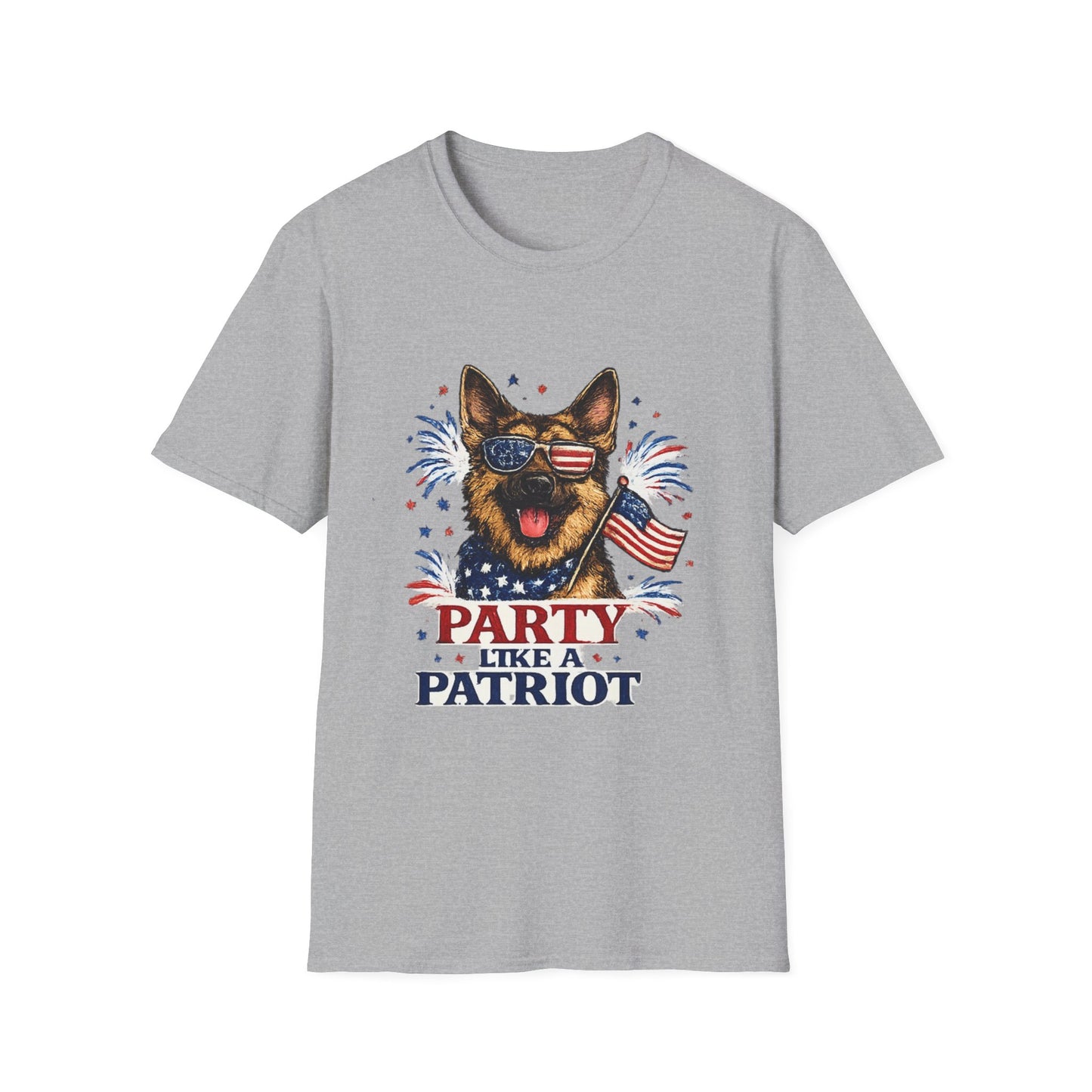 Patriotic German Shepherd Graphic T-Shirt | American Flag Sunglasses, Fireworks