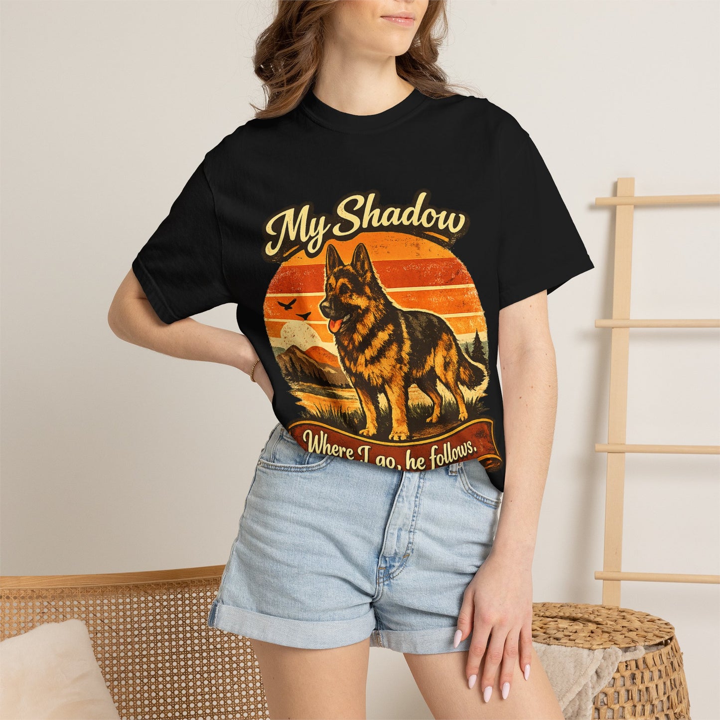 German Shepherd 'My Shadow' Vintage Sunset T-Shirt | Dog Lover Tee