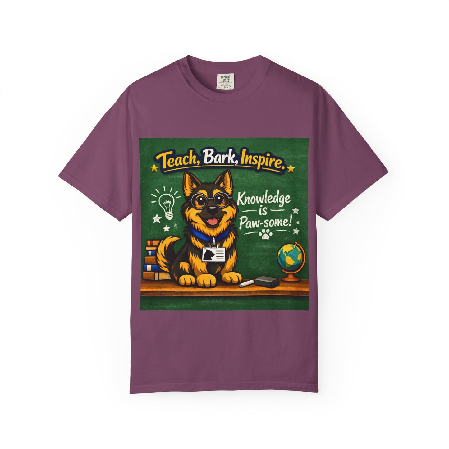 Teach Bark Inspire German Shepherd T‑Shirt – Knowledge Is Paw‑some Teacher Tee | Classroom Dog Lover Shirt | Bella Canvas 3001