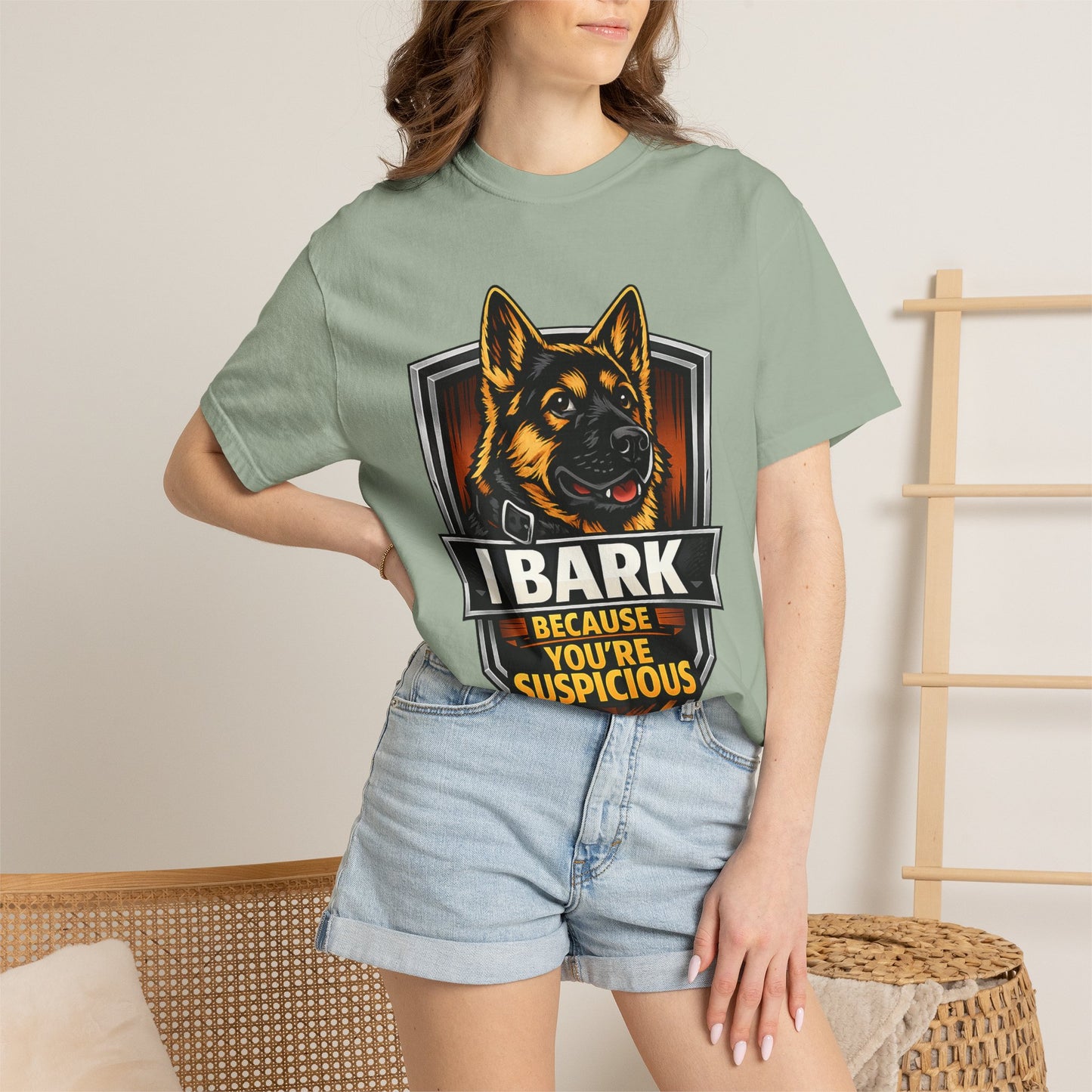 Dog Lover T‑Shirt — “I Bark Because You’re Suspicious” German Shepherd Tee
