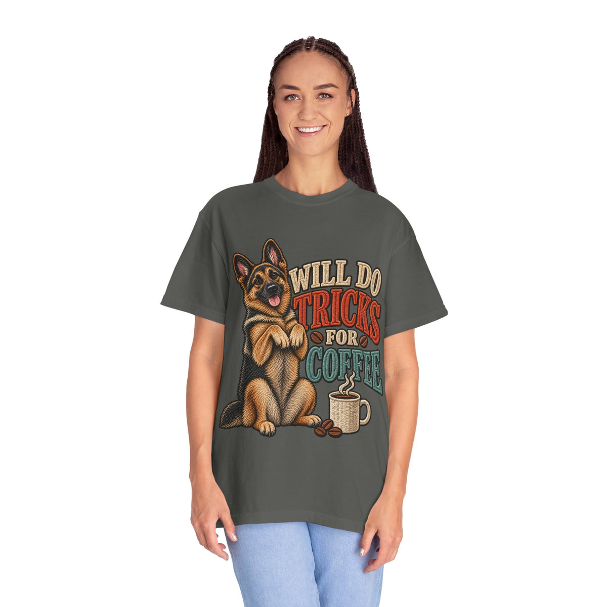 German Shepherd Will Do Tricks for Coffee T-Shirt – Funny GSD Coffee Lover Gift