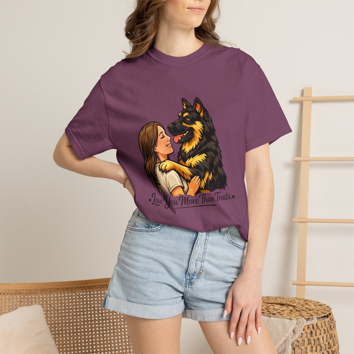 I Love You More Than Treats T-shirt | Girl Hugging German Shepherd Dog
