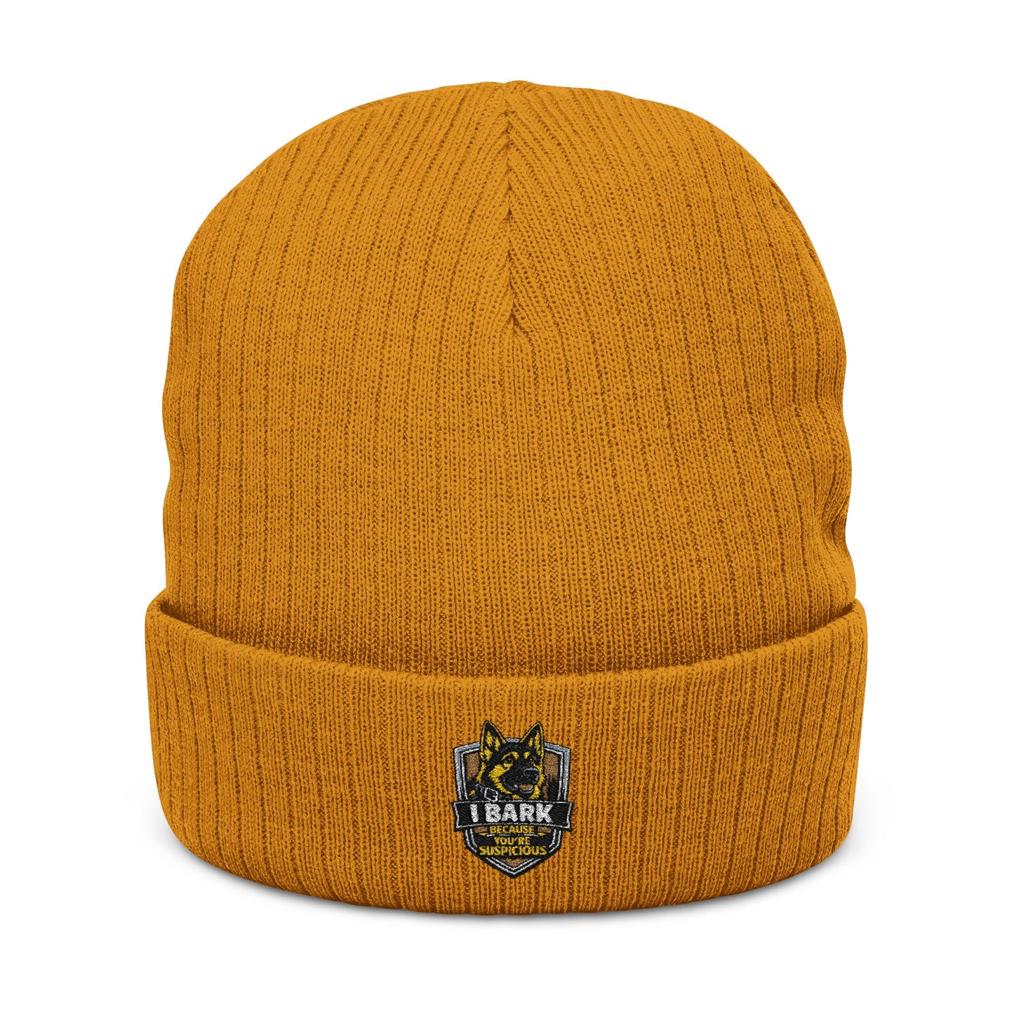 Embroidered Ribbed Knit Beanie — Vintage Crest Patch Winter Hat