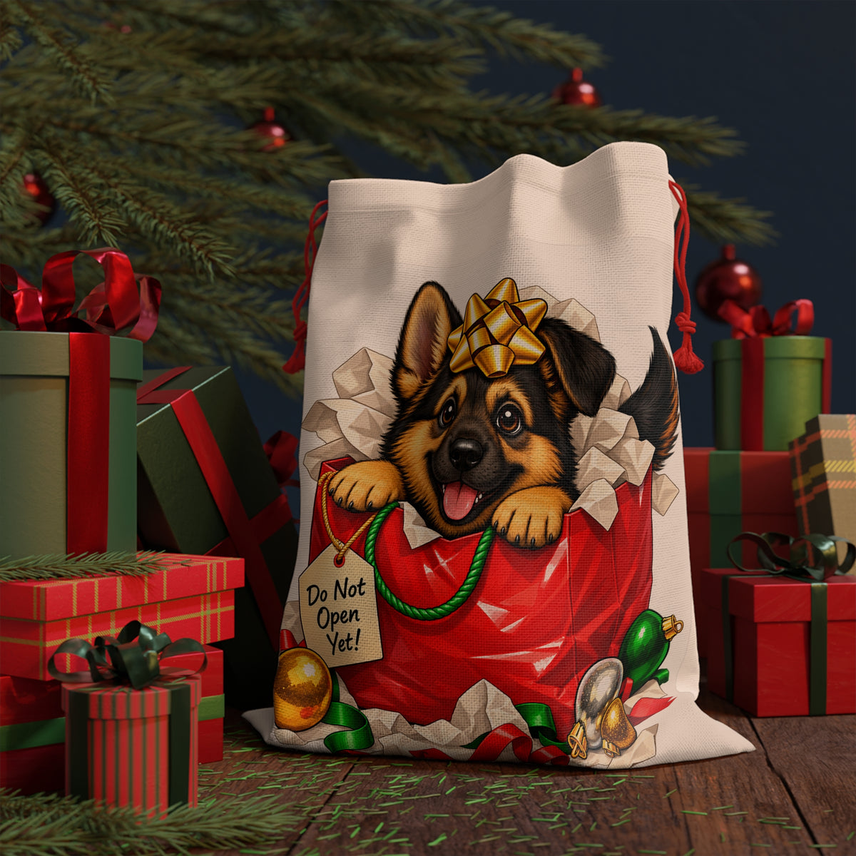German Shepherd Christmas Gift Bag – Reusable Holiday Drawstring Bag