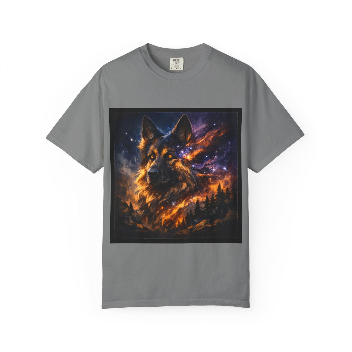 Cosmic German Shepherd Blaze T-Shirt | Galaxy fire Animal Artwork