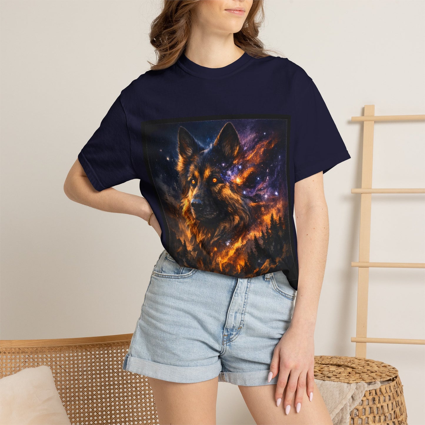Cosmic German Shepherd Blaze T-Shirt | Galaxy fire Animal Artwork