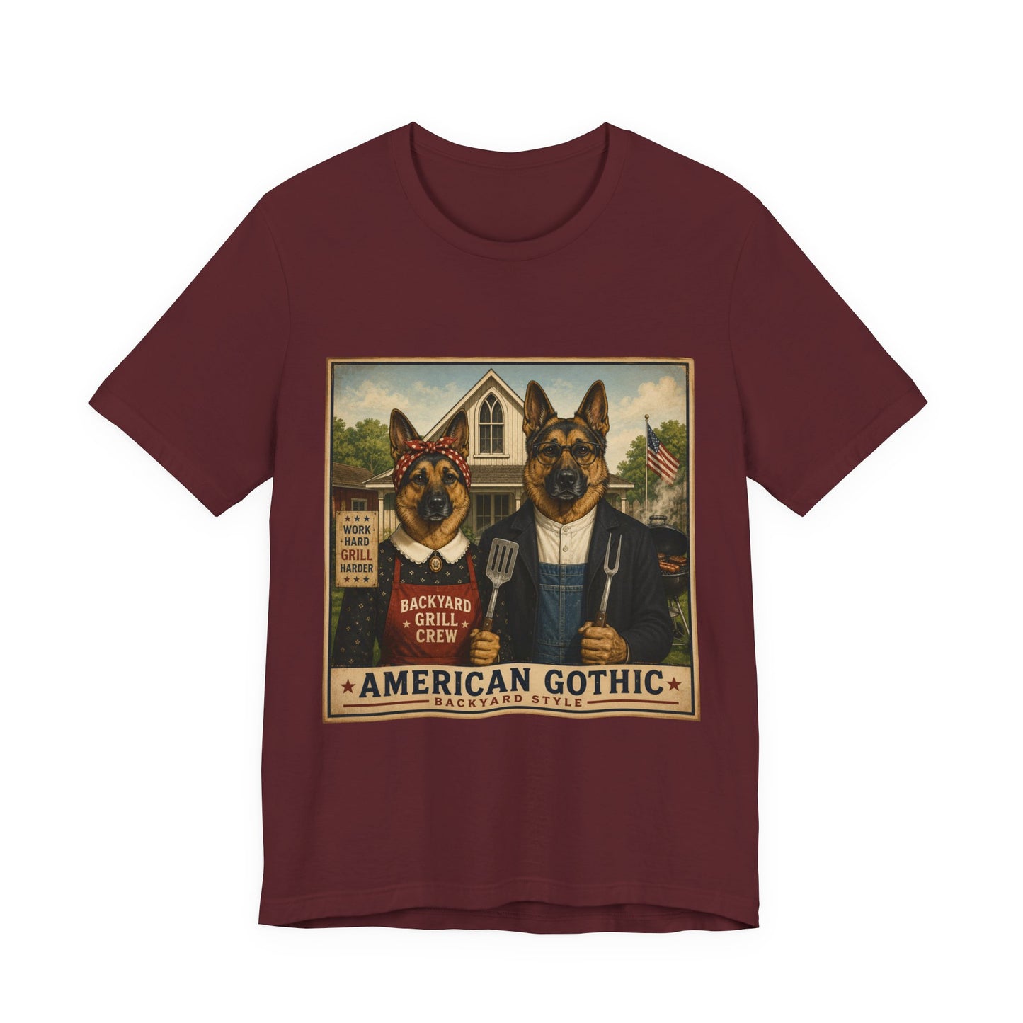American Gothic – Backyard Style | German Shepherd BBQ T-Shirt