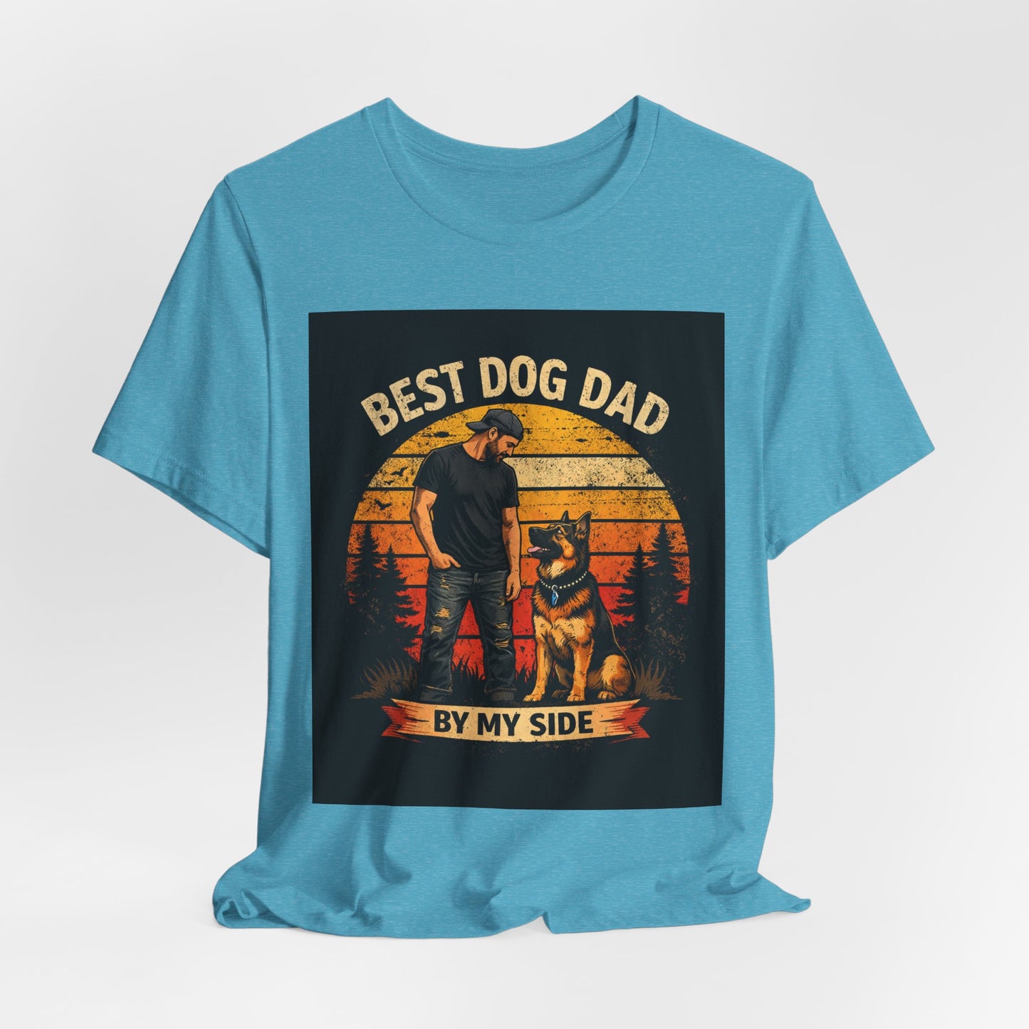 Best Dog Dad by My Side T‑Shirt — “By My Side” German Shepherd Father’s Day Gift Tee | Vintage Sunset Dog Lover Design | Bella Canvas 3001