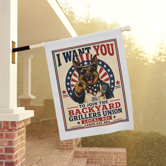 I Want You to Join the Backyard Grillers Union German Shepherd Garden Flag | Funny BBQ Yard Decor | Patriotic Outdoor Flag