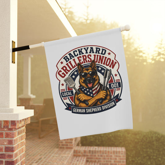 Backyard Grillers Union German Shepherd Garden Flag | Funny BBQ Yard Decor | Patriotic Outdoor Flag