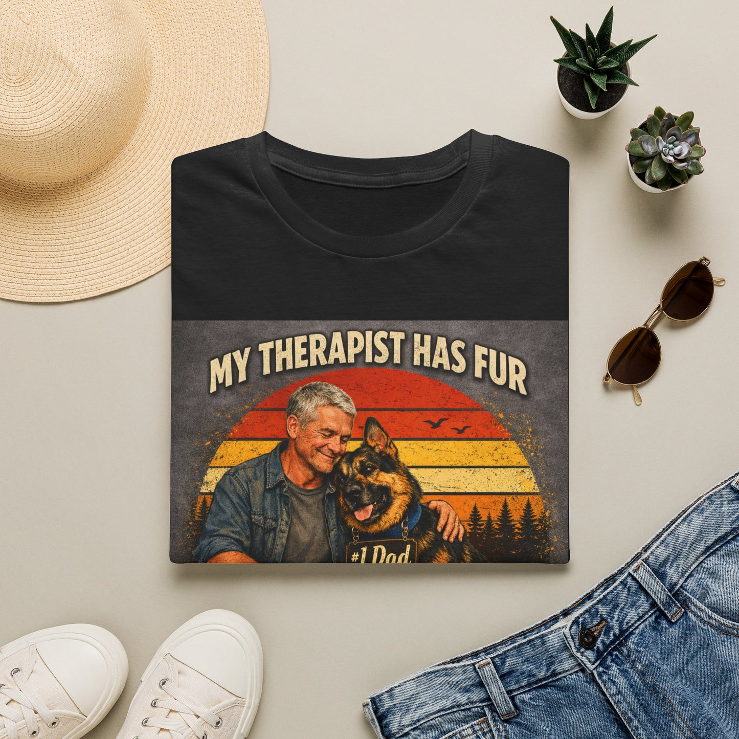My Therapist Has Fur T-Shirt | Dog Dad Retro Sunset Design