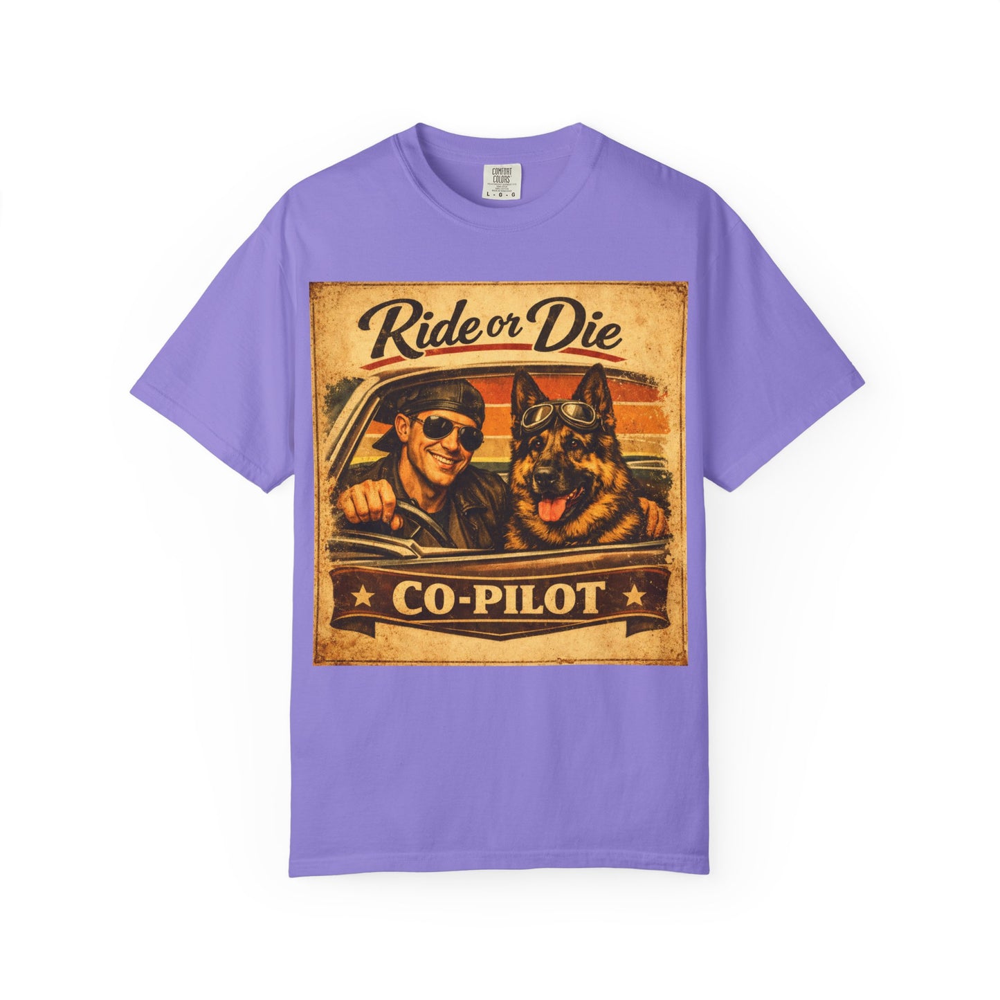 Ride or Die Co-Pilot T-shirt | Retro Driver and German Shepherd Design