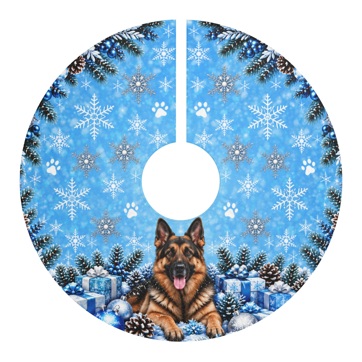 German Shepherd Christmas Tree Skirt – Icy Blue Winter Holiday Decor