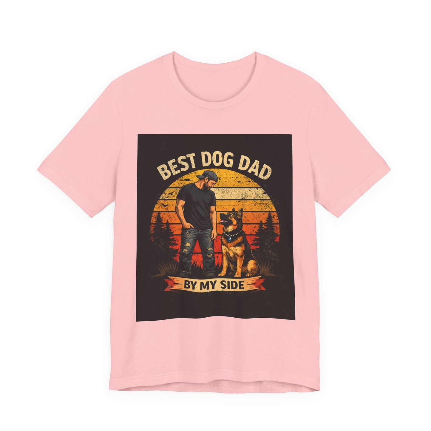 Best Dog Dad by My Side T‑Shirt — “By My Side” German Shepherd Father’s Day Gift Tee | Vintage Sunset Dog Lover Design | Bella Canvas 3001