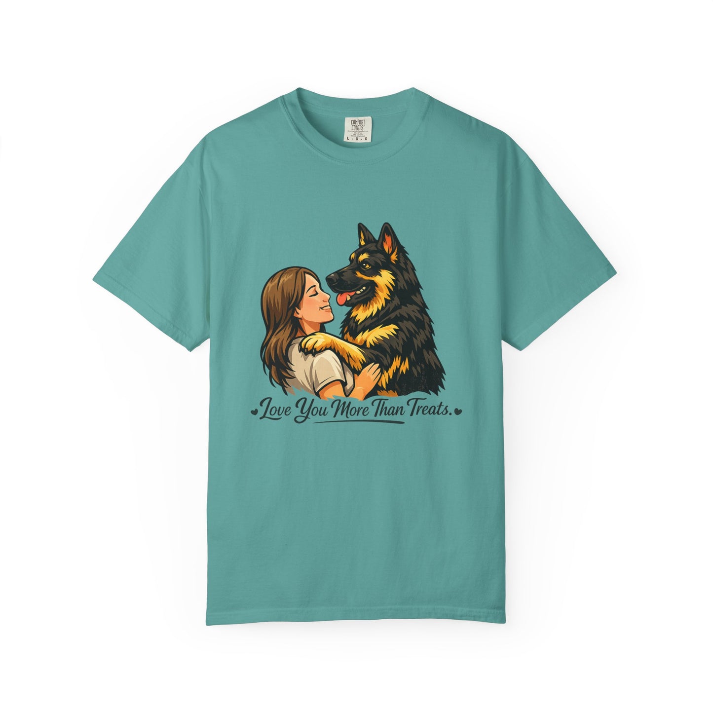 I Love You More Than Treats T-shirt | Girl Hugging German Shepherd Dog
