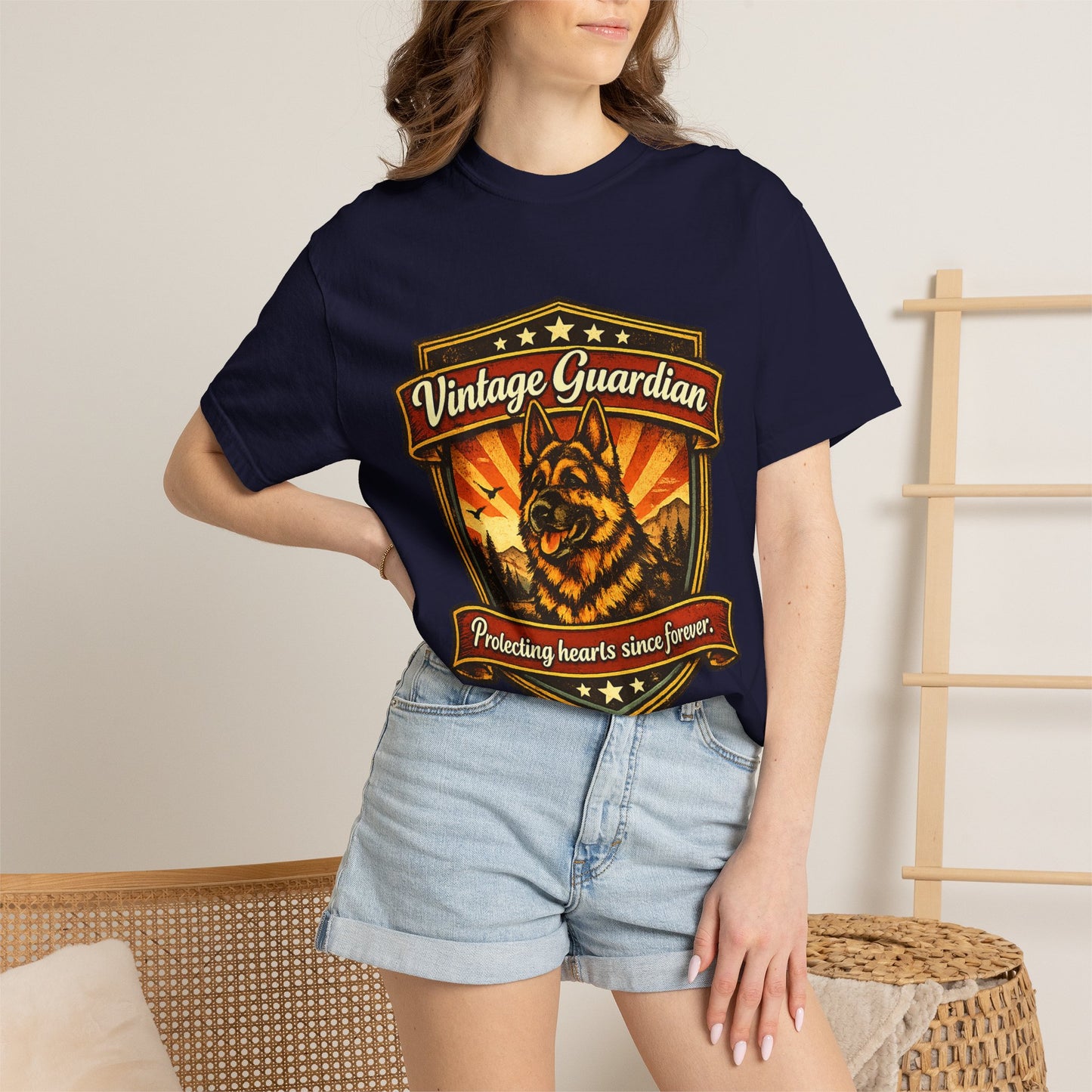 Vintage Guardian German Shepherd T-Shirt | Dog Badge Shield Design