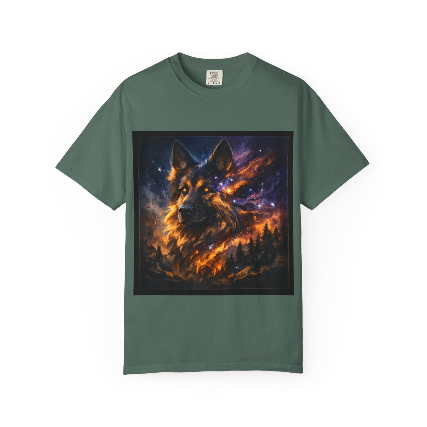 Cosmic German Shepherd Blaze T-Shirt | Galaxy fire Animal Artwork