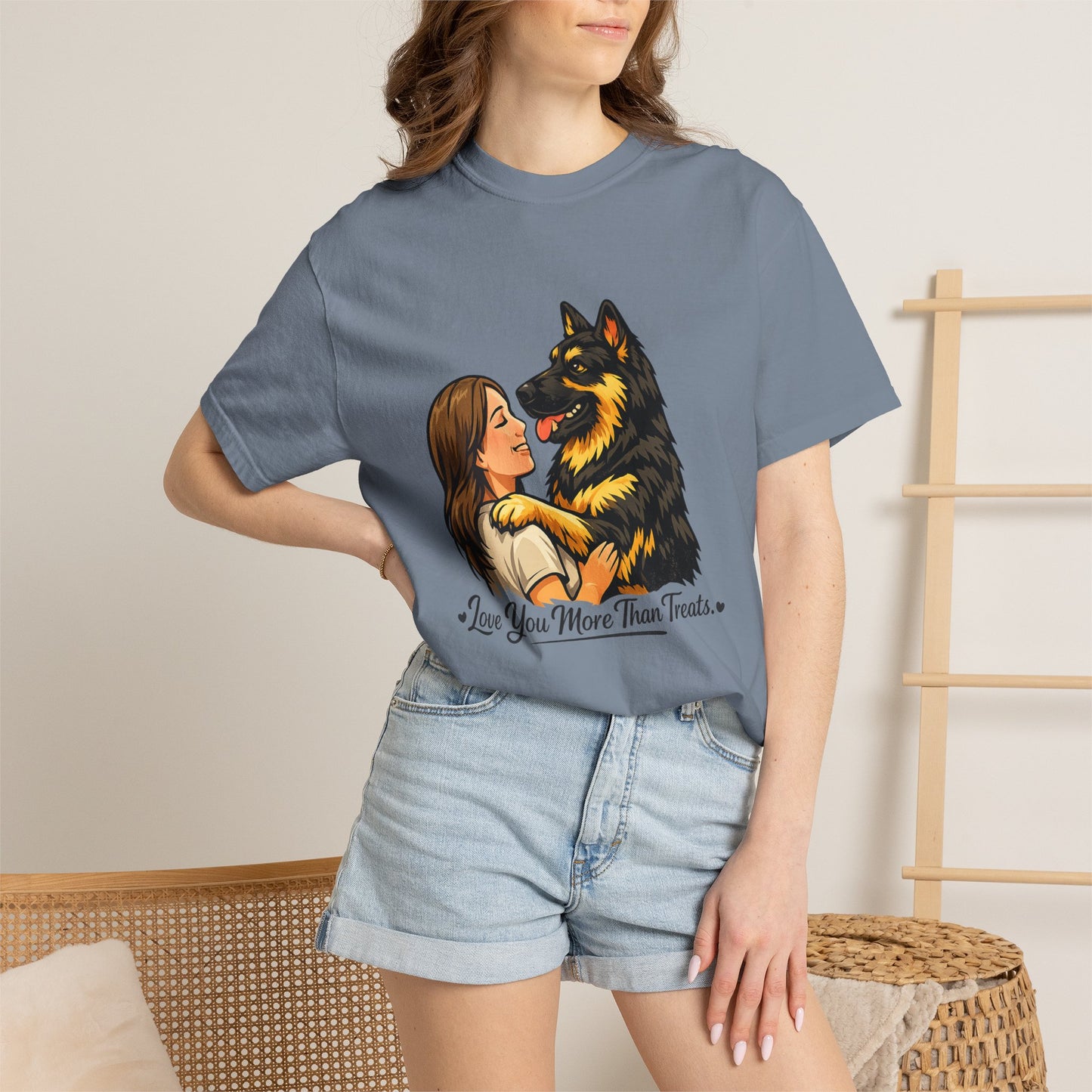 I Love You More Than Treats T-shirt | Girl Hugging German Shepherd Dog