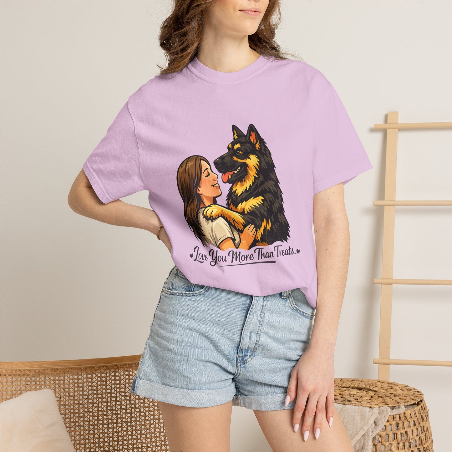 I Love You More Than Treats T-shirt | Girl Hugging German Shepherd Dog
