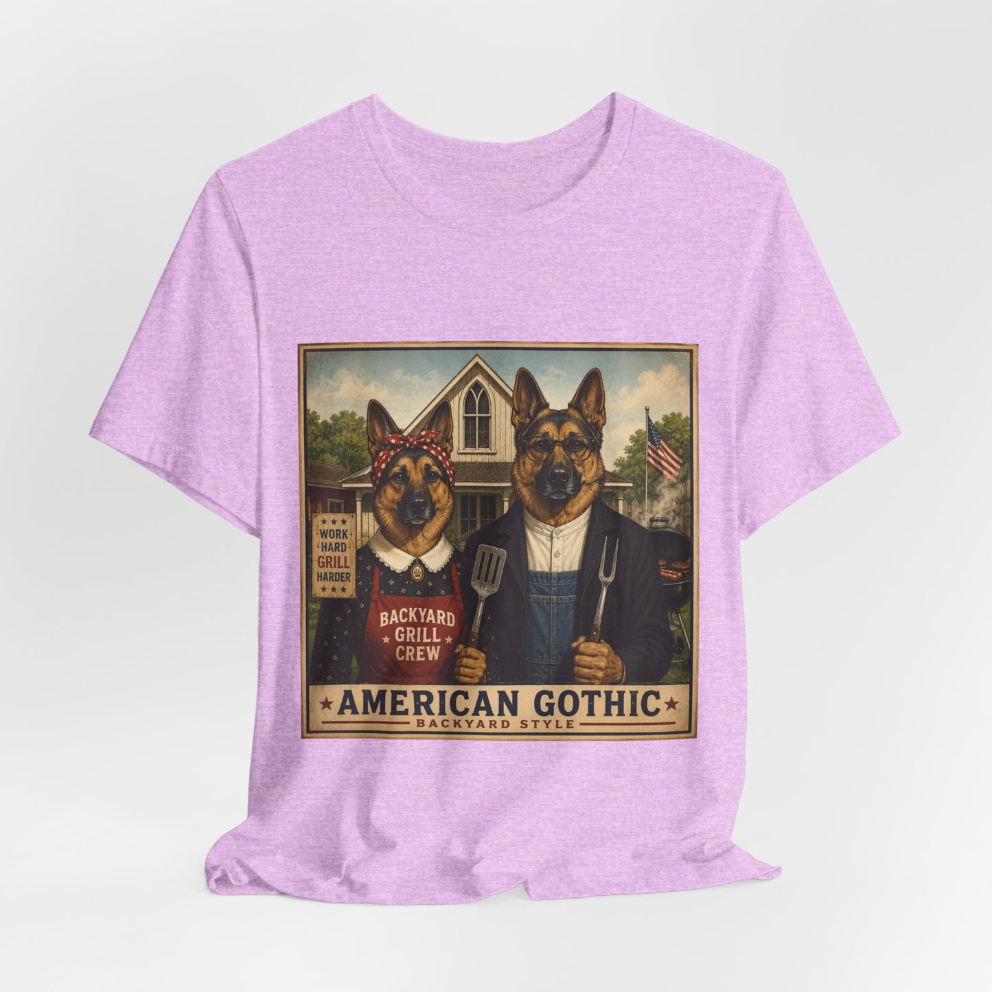 American Gothic – Backyard Style | German Shepherd BBQ T-Shirt