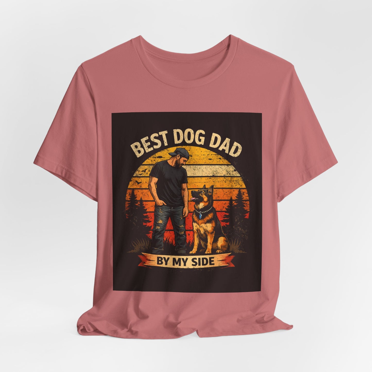 Best Dog Dad by My Side T‑Shirt — “By My Side” German Shepherd Father’s Day Gift Tee | Vintage Sunset Dog Lover Design | Bella Canvas 3001