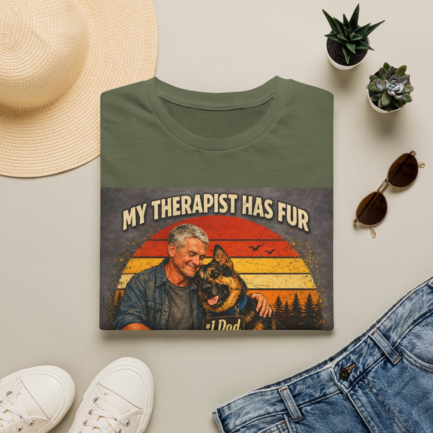 My Therapist Has Fur T-Shirt | Dog Dad Retro Sunset Design