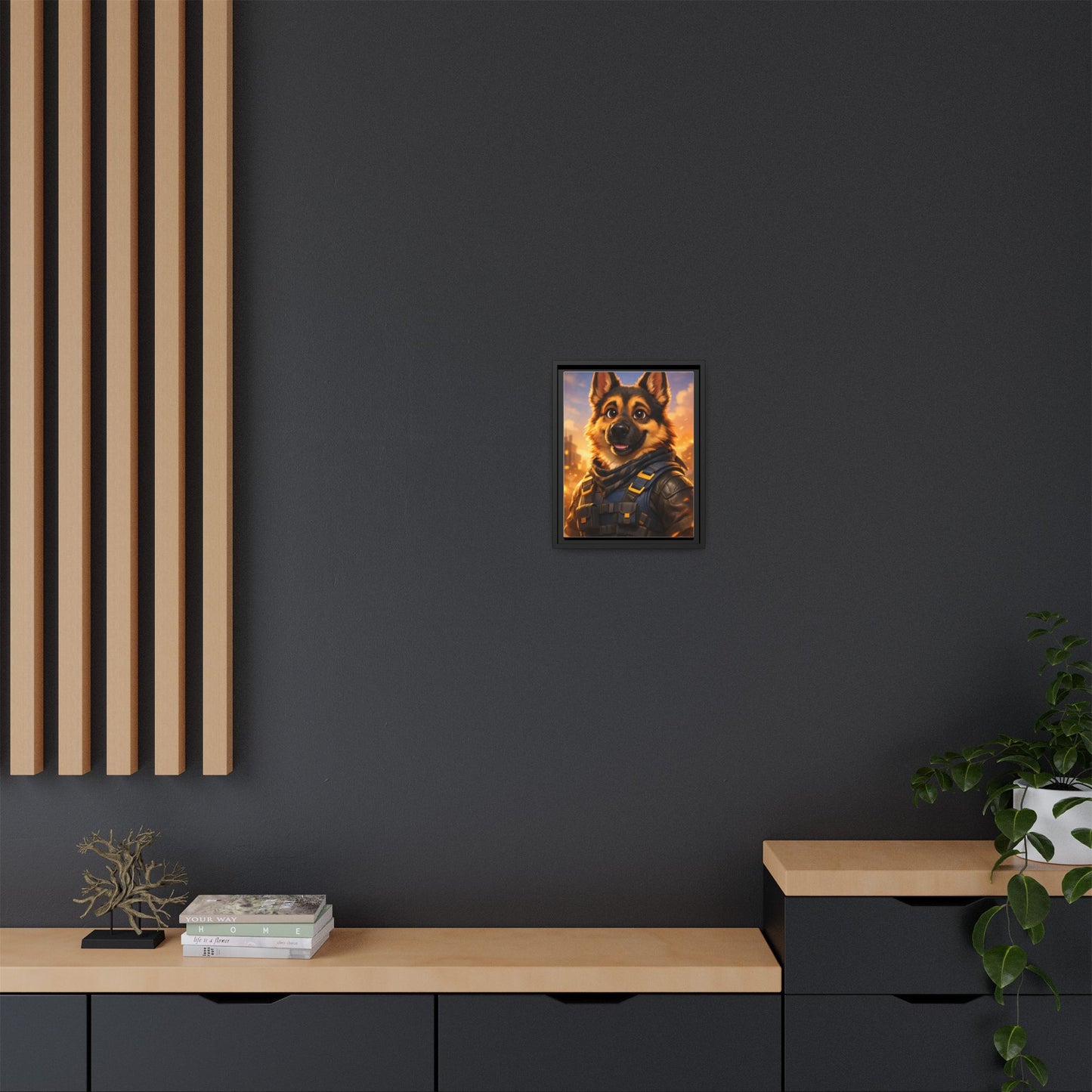 German Shepherd Hero Art – Tactical Dog Character Wall Canvas | Cinematic GSD Decor | Framed Matte Canvas