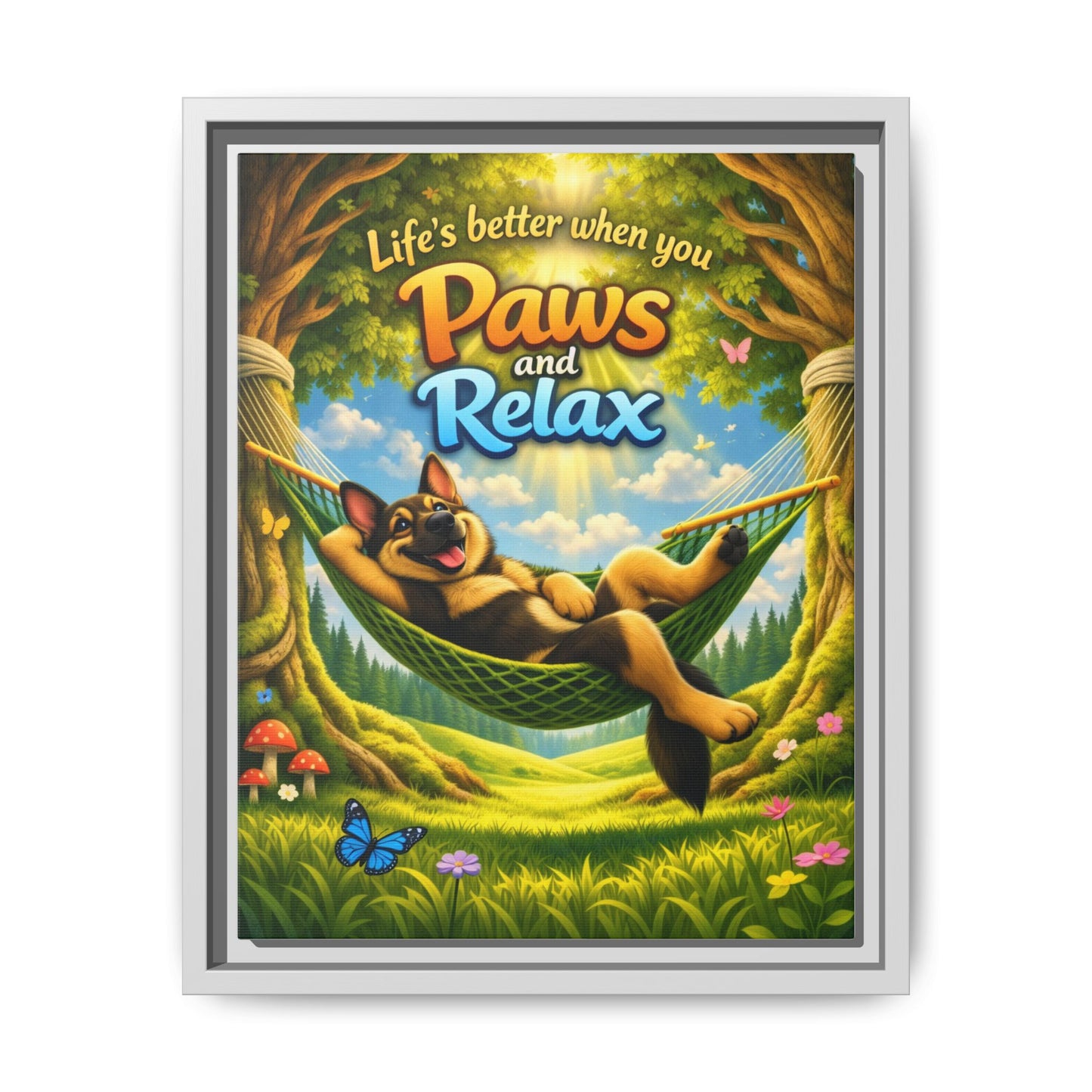 German Shepherd Wall Art – "Life's Better When You Paws and Relax" Framed Canvas Print