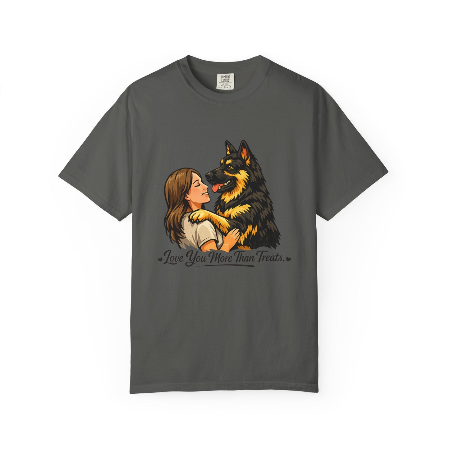 I Love You More Than Treats T-shirt | Girl Hugging German Shepherd Dog
