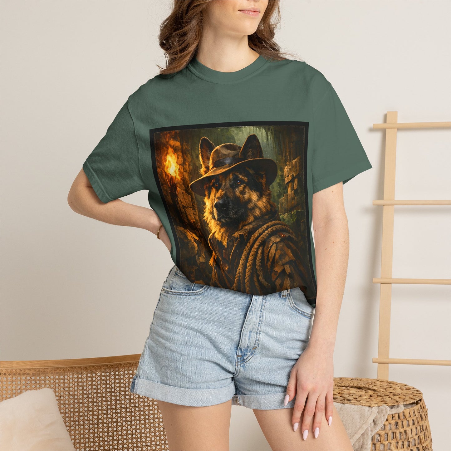 Indy Explorer German Shepherd T‑Shirt – Adventure Dog Lover Tee | Vintage Noir Canine Illustration | Bella Canvas 3001