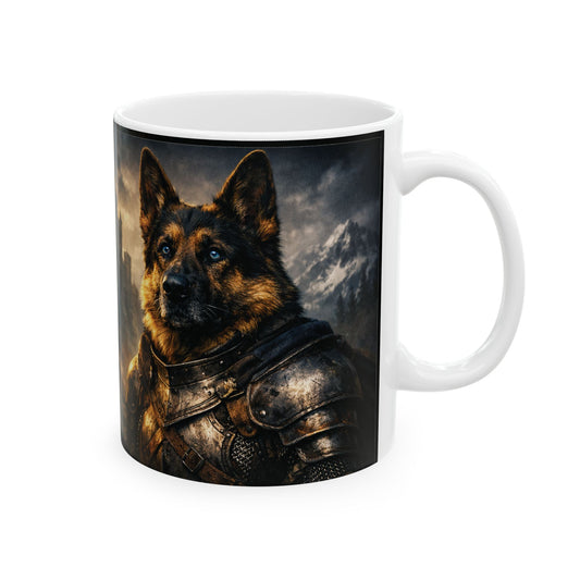 Armored German Shepherd Mug – Medieval Knight Dog Portrait Coffee Cup | Warrior Shepherd Fantasy Art | Ceramic Mug 11oz/15oz